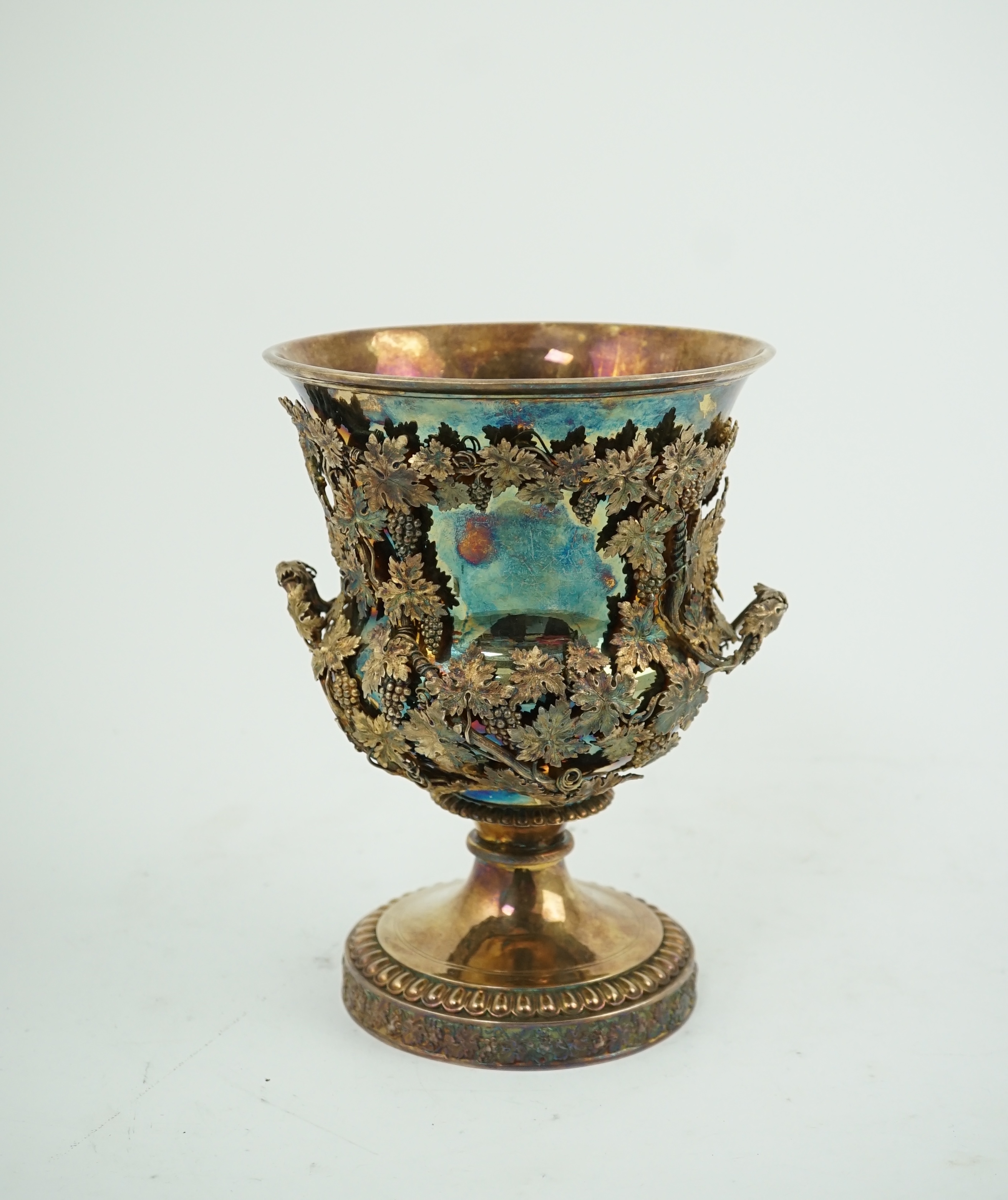 A late George III silver gilt two handled campana vase, maker's mark rubbed